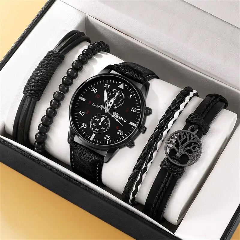 Leather Watch + 4Pcs Bracelets Set