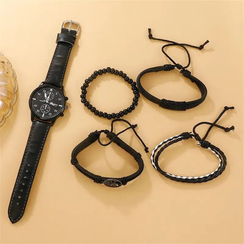 Leather Watch + 4Pcs Bracelets Set