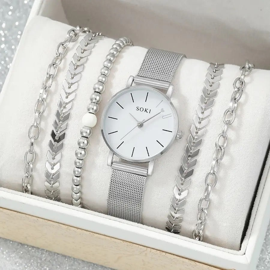 Stainless Steel Watch + 5Pcs Bracelets set