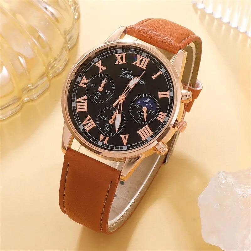 Leather Watch + 3Pcs na Bracelets Set