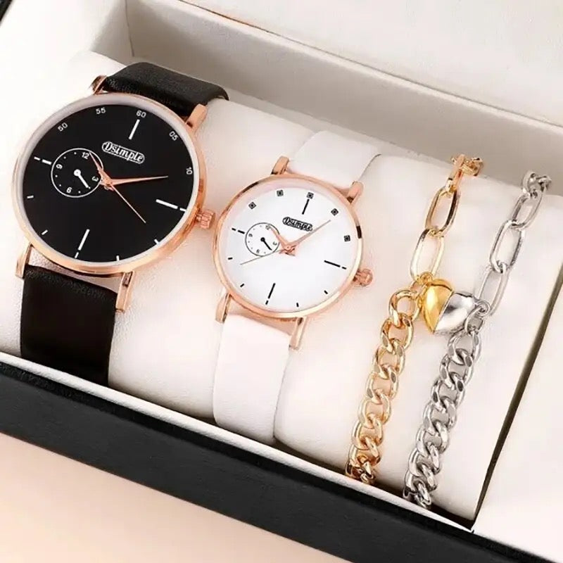 Leather Couple Watches + 2Pcs Bracelets Set