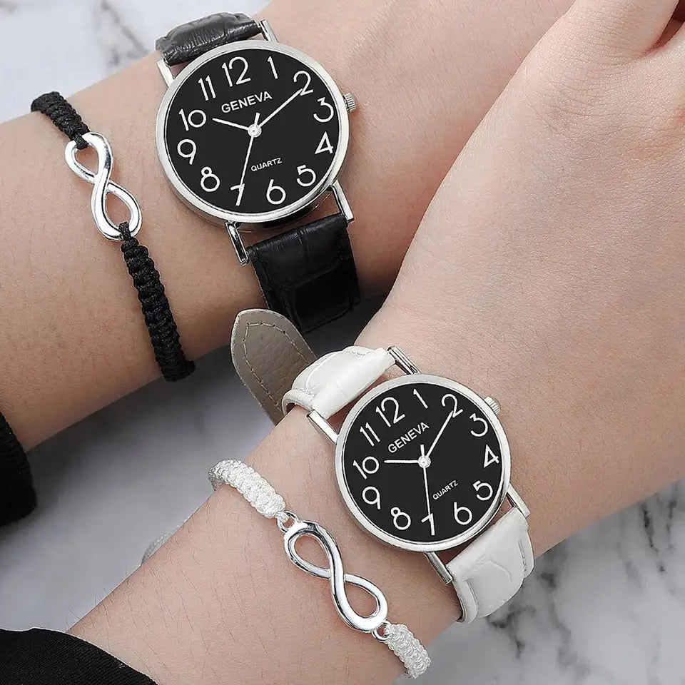 Leather Couple Watches + 2Pcs Bracelets Set