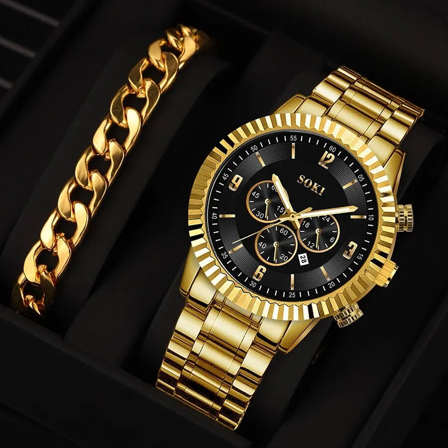 Gold Plated Watch + Bracelet Set