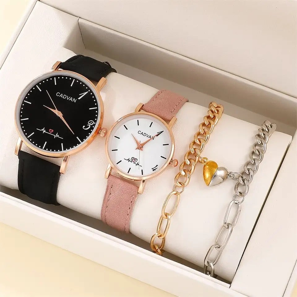 Leather Couple Watches + 2Pcs Bracelets Set