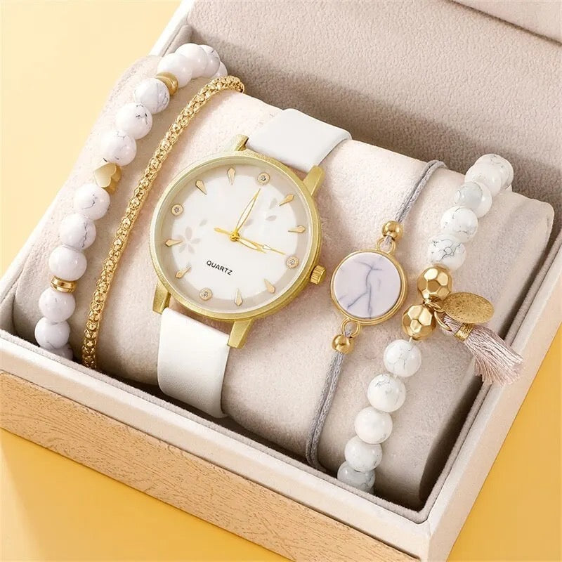 Leather Watch + 4Pcs Bracelets Set