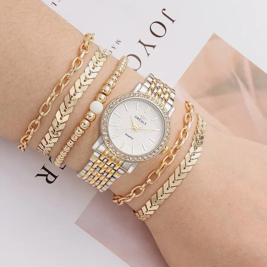 Stainless Steel Watch + 5Pcs Bracelets set