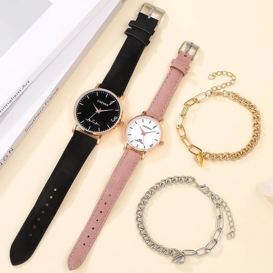 Leather Couple Watches + 2Pcs Bracelets Set