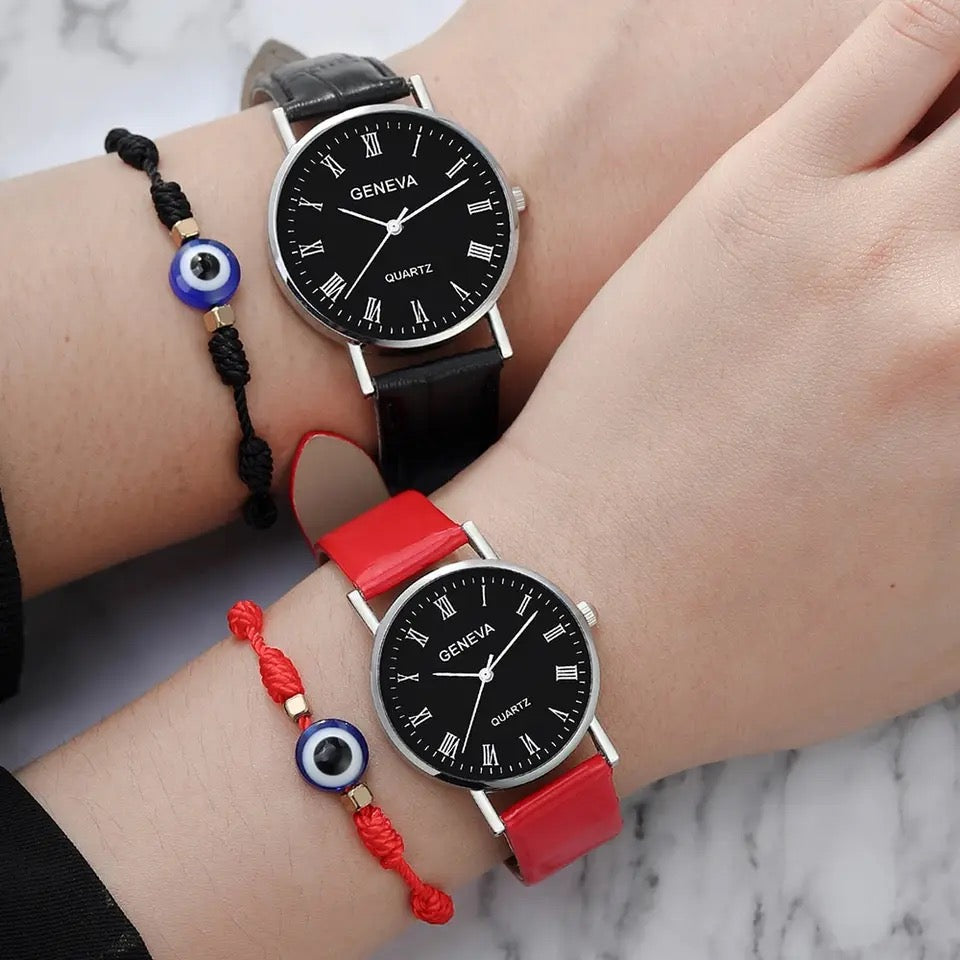 Leather Couple Watches + 2Pcs Bracelets Set