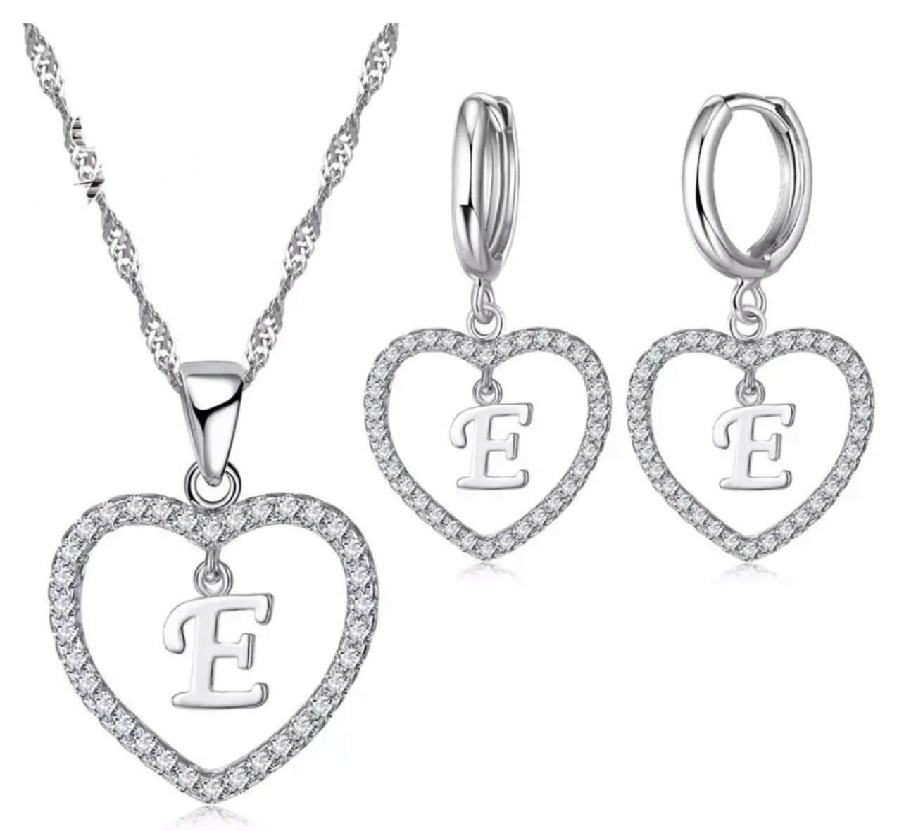 925 Silver "E" na Necklace at Earring Set