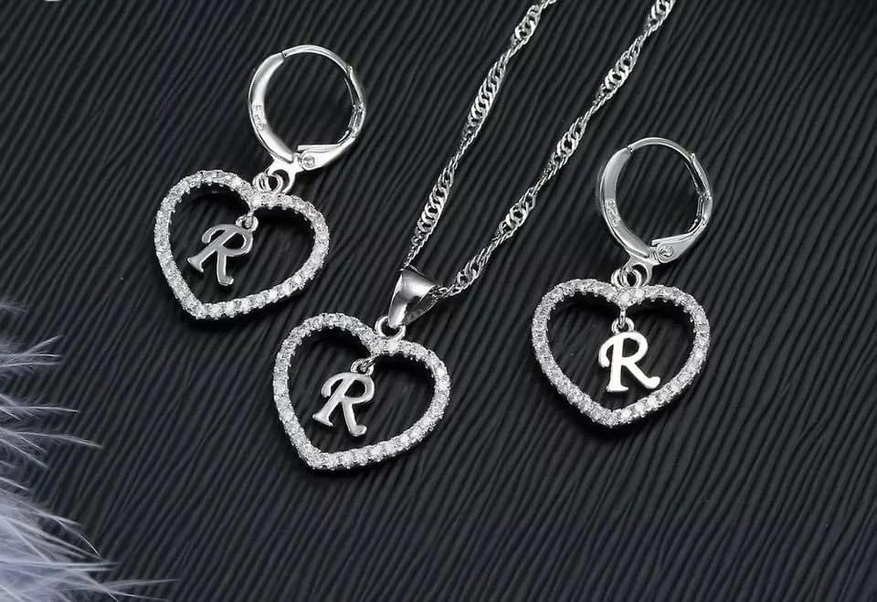 925 Silver "R" na Necklace at Earring Set