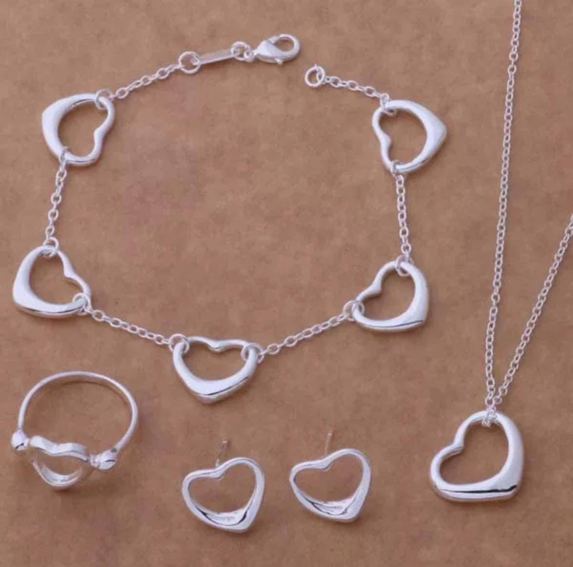 925 Silver Necklace, Earring, Bracelet and Rings Set